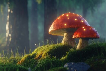 Fireflies casting light on glowing mushroom lamps in the enchanting forest