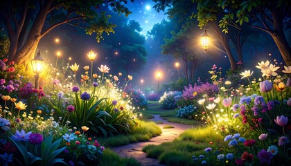 Enchanted forest path at night, lit by glowing flowers and lanterns