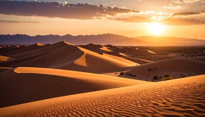 Golden sunset over desert dunes.  Mountains in the distance