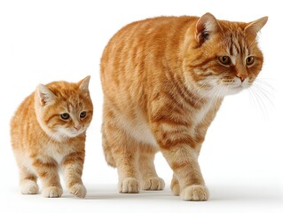 A small orange tabby kitten walks behind its larger orange tabby mother cat on a clean white background.