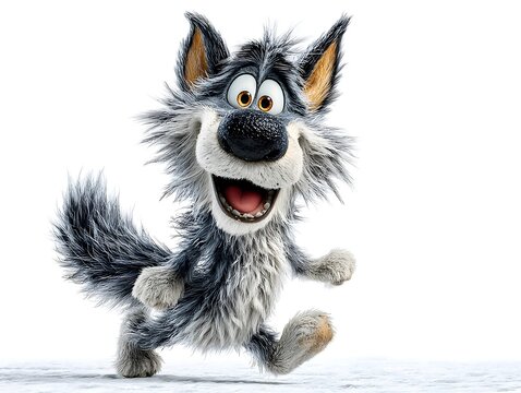 Cheerful cartoon wolf character runs happily across a white snowy surface with a joyful expression on its face.