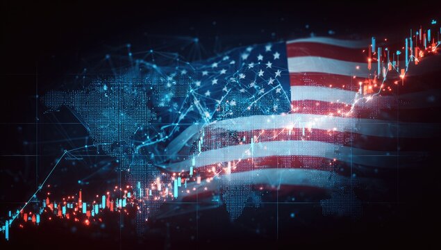 USA flag with global data overlay
