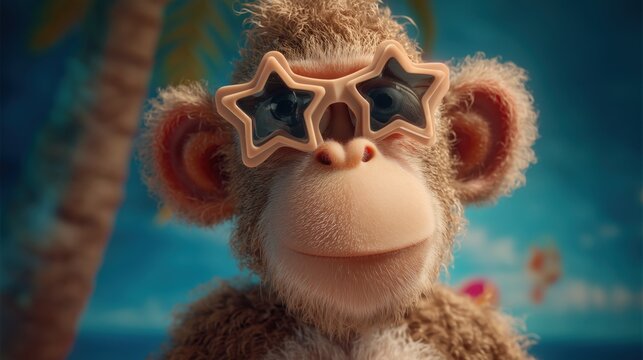 Cool 3D Monkey with Star-Shaped Sunglasses at Tropical Beach