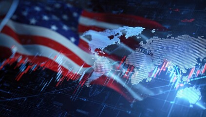 Global financial data overlaying American flag