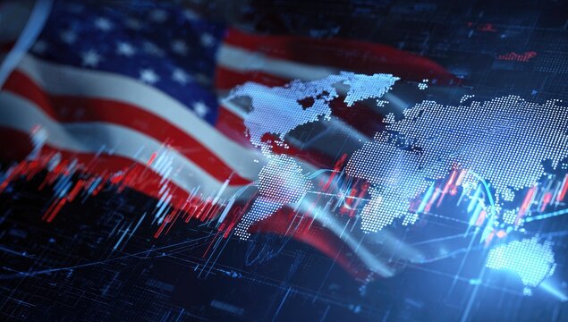 Global financial data overlaying American flag