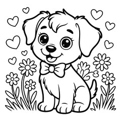 Fototapeta premium Adorable puppy with bow tie surrounded by flowers and hearts cute