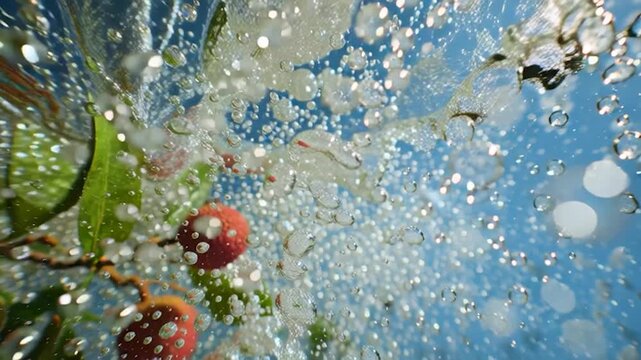 Falling lychee fruit into splashing water with green leaves