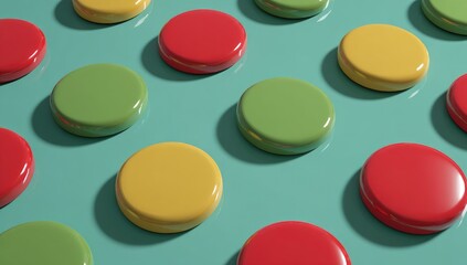 Circular shapes in vibrant colors arranged in a grid pattern on a teal surface