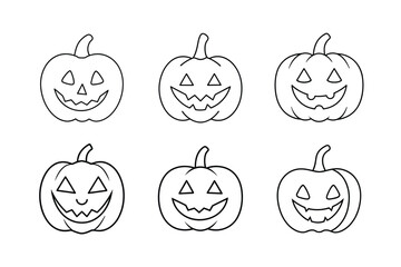 A collection of six unique, hand-drawn jack-o'-lanterns with carved faces, presented in two rows.