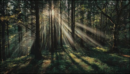 Fototapeta premium Sunlight streams through a dense forest (1)