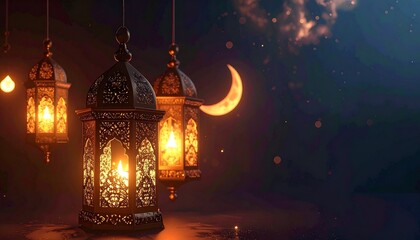 Beautiful glowing lanterns hanging as elegant Ramadan decorations, with a crescent moon on a soft, mystical night sky background.