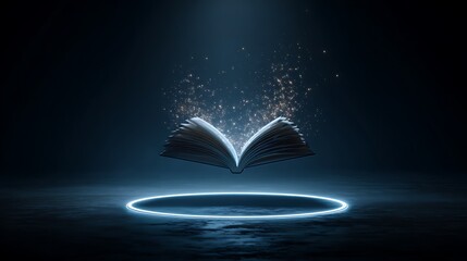 An open book floats above a glowing circle with sparkles emitting from the pages in a dark environment