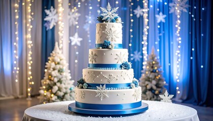 Festive white cake with blue accents