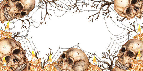 Human skulls, spider web, candles and dry branches rectangular frame. Watercolor gothic illustration. Suitable for Halloween, Day of the Dead, creepy prints, templates. Isolated from background.