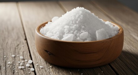Heap of white salt crystals piled in a wooden bowl on wooden surface
