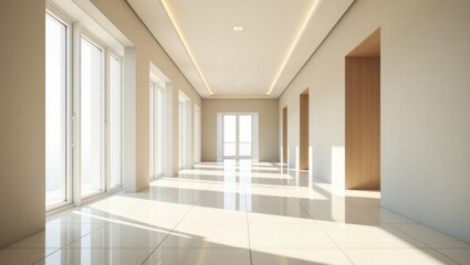 Fototapeta premium A bright, modern hallway with large windows and minimalist wooden accents.