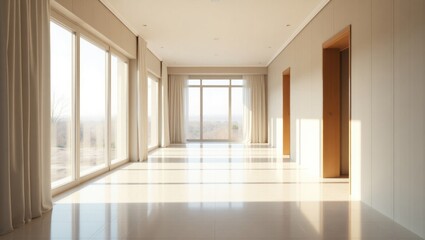 Obraz premium Spacious interior hallway with large windows and light-colored walls.
