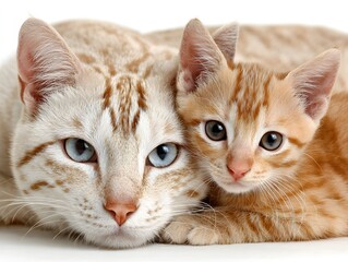 A beautiful seal lynx point Bengal cat lovingly cuddles with her cute orange tabby kitten on white background.