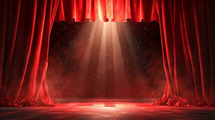 Theatrical curtains and spotlights illuminate the stage. Red curtains elegantly frame the scene as spotlights beam down, creating a captivating and dramatic atmosphere.