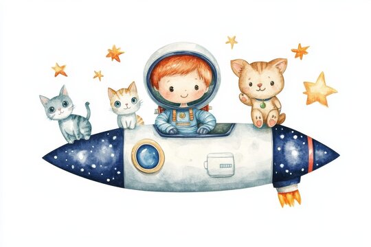 Animals and young astronauts venture into space, surrounded by a bright moon, stars, and clouds, in a captivating animation that is both dreamy and exciting, making it perfect for kids and suitable