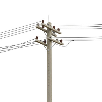 Weathered concrete utility pole with brown insulators and multiple black power lines.
