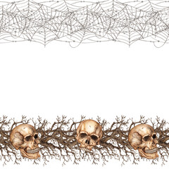 Frame top edge made of spider web, bottom edge made of skulls and dry branches, square, with borders. Watercolor illustration, hand-drawn in Gothic style. Isolated. For Halloween or Day of the Dead.