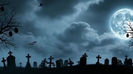 A spooky halloween night scene with bats flying in front of a glowing full moon over a misty cemetery with silhouetted trees