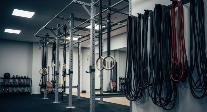 Inside a bright gym with exercise equipment hanging on a metal rack