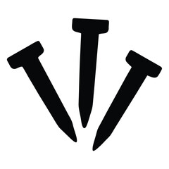 Three black metal nails vector illustration for construction carpentry and woodworking projects