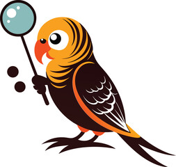 Cartoon budgie holding a lollipop with two dots bird illustration
