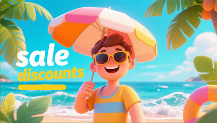 3D cartoon man with sunglasses and umbrella on the beach among palm trees opposite the ocean. It's vacation time. The label Sale discounts. Vector. EPS.