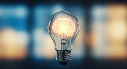 Light bulb with a glowing brain inside, warm illumination, blurred blue and orange background, serene and innovative mood.