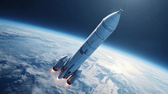 Rocket in space with earth background. View from space. The rocket flies and rotates.