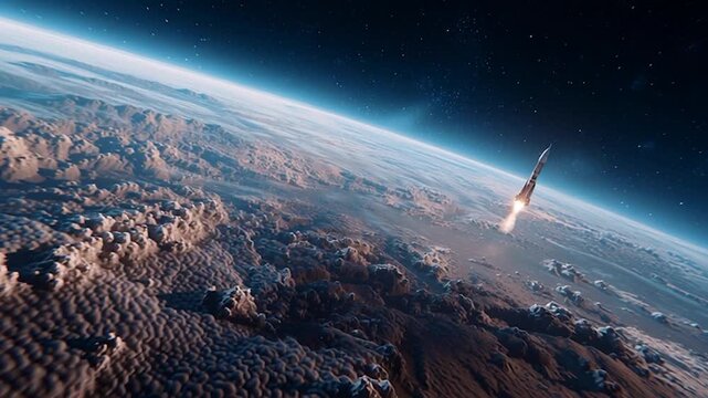 Rocket in space with earth background. View from space. The rocket flies and rotates.
