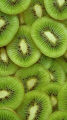 Sliced kiwi fruit close-up, vibrant green, healthy food background, recipe or advertising use