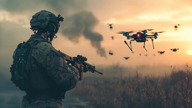 Futuristic warfare soldier with assault rifle and drones concept illustration