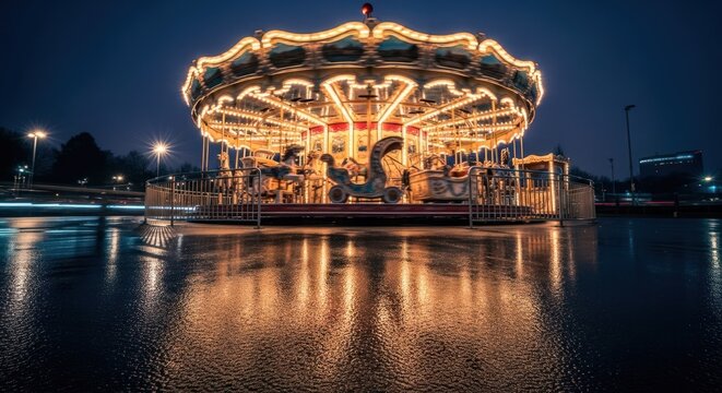 Lit-up carousel at night reflected in wet surface - Powered by Adobe