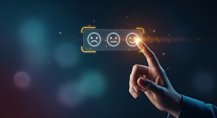 Customer satisfaction (CSAT) survey concept. A hand selects a single "happy face" icon from three minimal options on a holographic feedback form.
