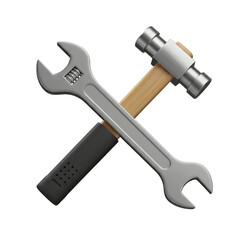 Crossed Tools Silver Wrench with Black Grip and Steel Hammer with Wooden Handle.