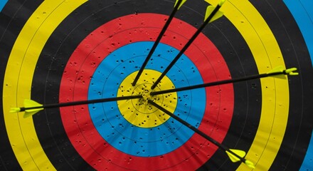 Archery target with concentric colored circles, black arrows striking the center, indicating precision and skill, dynamic lighting enhances color vibrancy.