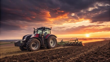 Fototapeta premium Modern tractor cultivating field at sunset with dramatic sky for farming and agriculture