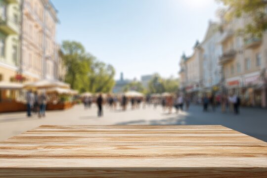 Wooden table top over a blurred city street scene