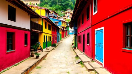 Obraz premium Colorful painted village terrace houses in Asian countryside with narrow paths