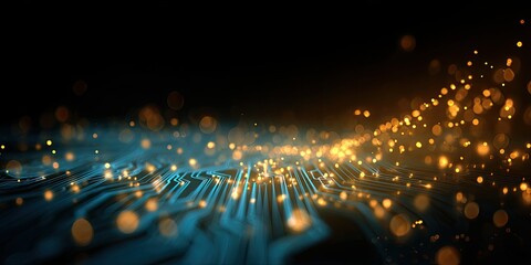 Abstract digital circuit with glowing particles