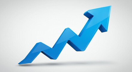 A glossy blue upward arrow on a soft gray background, symbolizing growth. Emphasizes clean design and upward dynamism.