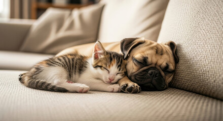 Tabby kitten and pug puppy sleeping on couch. A calming close-up capturing friendship and peace. Comforting companionship, adorable animals, restful relaxation.