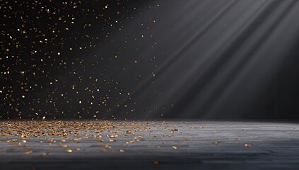 Golden confetti rain on a dark stage