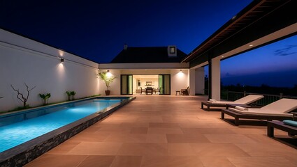 Fototapeta premium Contemporary Asian house terrace with infinity pool, stone tiles, and ambient lighting