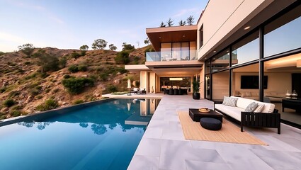 Fototapeta premium Contemporary hillside house terrace with glass infinity pool and elegant seating