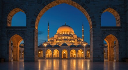 Fototapeta premium A mosque at twilight, framed by arched openings. A serene scene of architectural beauty